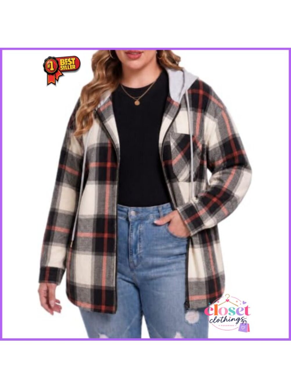 Plus Size Hooded Plaid Flannel Shacket Zip Up Jacket